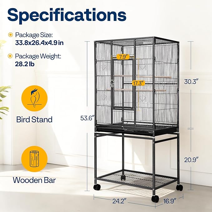 VIVOHOME 54 Inch Wrought Iron Large Bird Flight Cage with Rolling Stand for Parakeets Canaries Cockatiels Lovebirds Conures, Black
