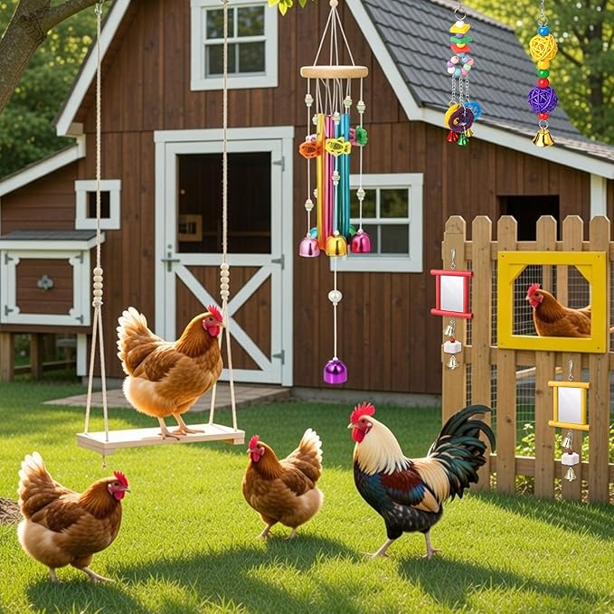 Soulchen 6 Pieces Chicken Toys for Coop Chicken Wind Chime Enrichment Toys Kits Chick Mirror with Bells Swing Hanging Chick Rattan Ball Loofah Bell for Coop Hens Chicks Poultry Birds Parrots