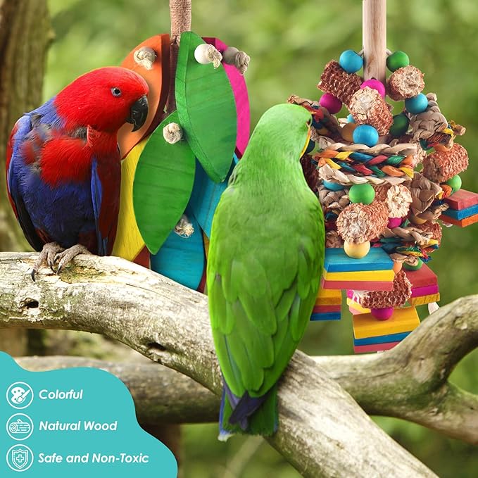 DBNESS 2 Pcs Large Bird Toys, Natural Corn Cob Parrot Chew Toy, Multicolored Leaf-Shaped Chewing Wood Blocks for Large and Medium-Sized Macaws, Cockatoos, Amazon Parrots, African Grey