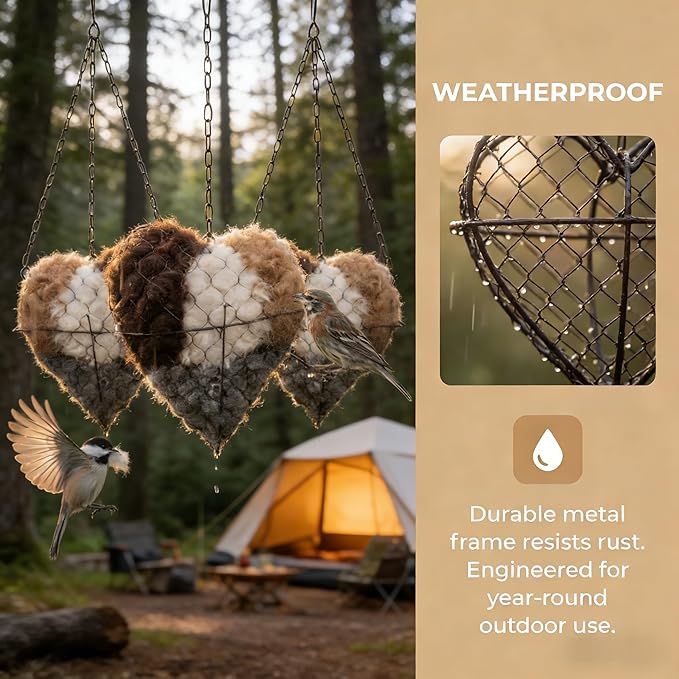 Handmade Alpaca Fiber Bird Nesting Heart, Refillable Nesting Material Accessory for Wild Birds, Outdoor Garden Decoration, Gift for Bird & Nature Lovers, Hummingbird Nesting Material (3 set)