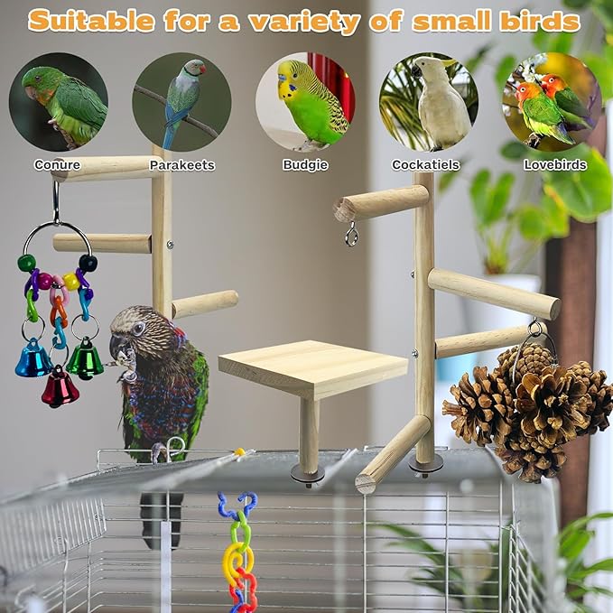 PINVNBY 3 PCS Wooden Small Bird Playground for Top of Cage, Wood Parrot Stands Perch Birds Gym with Hanging Chewing Toys Bird Cage Accessories for Parakeet Conure Love Birds Budgie