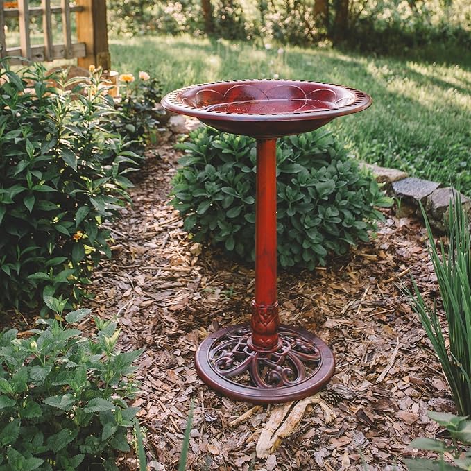 Backyard Expressions Outdoor Garden Bird Bath - Red - Weather Resistant Polyresin - 27 Inch