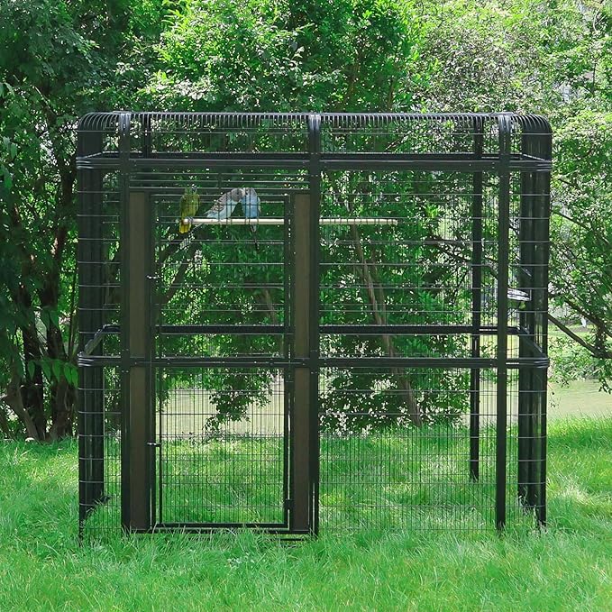 Outdoor Large Walk-in Cage 87-inch Heavy Duty Bird Cage Carbon Crystal Board Aviary Parrot Cage Wide Flight Metal Birdcage for Macaw Budgie Conure Lovebird Parakeet Cockatiel, 7.22x5.25x6.8ft, Black