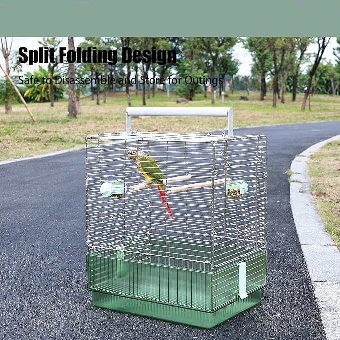 304 Stainless Steel Travel Bird Cage, 17 Inch Foldable Carrier for Conures Cockatiels Grey Parrots Caiques, with Aluminum Handle Perch (Green, Large Birdcage)