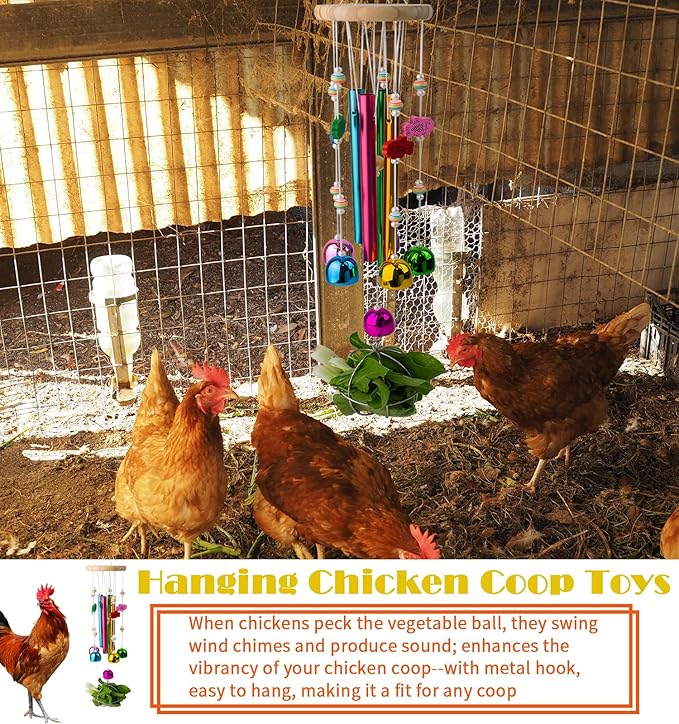 Chicken Toys with Treat Ball for Coop, Chicken Wind Chime Toys for Hens with 5 Metal Bells, Hanging Chickens Coop Pecking Toy for Hens Chicks Poultry