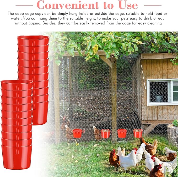 Sumind 60 Pcs Cage Cups Chicken Feeder Birds Hanging Feeders Seed Bowl 8 oz Plastic Water Bowl Hanging Chicken Gamefowl Waterer Feeding Watering Dish Coop Cups for Parrot Parakeet Poultry(Red)