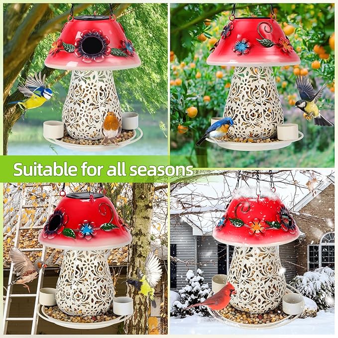 Mushroom Solar Bird Feeders for Outdoors Hanging Metal Wild Bird Feeder with S Hook for Garden Decoration Red