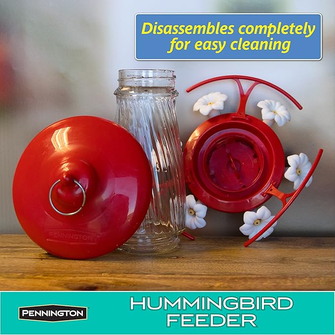 Pennington 32 oz Decorative Glass Hummingbird Feeder, Red