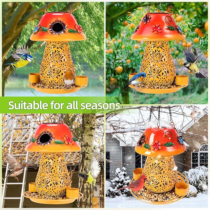 Mushroom Solar Bird Feeders for Outdoors Hanging Metal Wild Bird Feeder with S Hook for Garden Decoration Orange