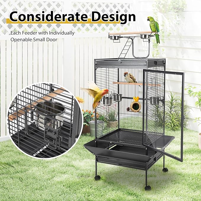Large Metal Parrot Cage for Birds, Heavy-Duty Aviary with Acrylic Door, Perches, Stainless Steel Bowls & 360° Wheels, Secure 64.4" Tall Pet Bird Cage for Macaws Cockatoos African Greys