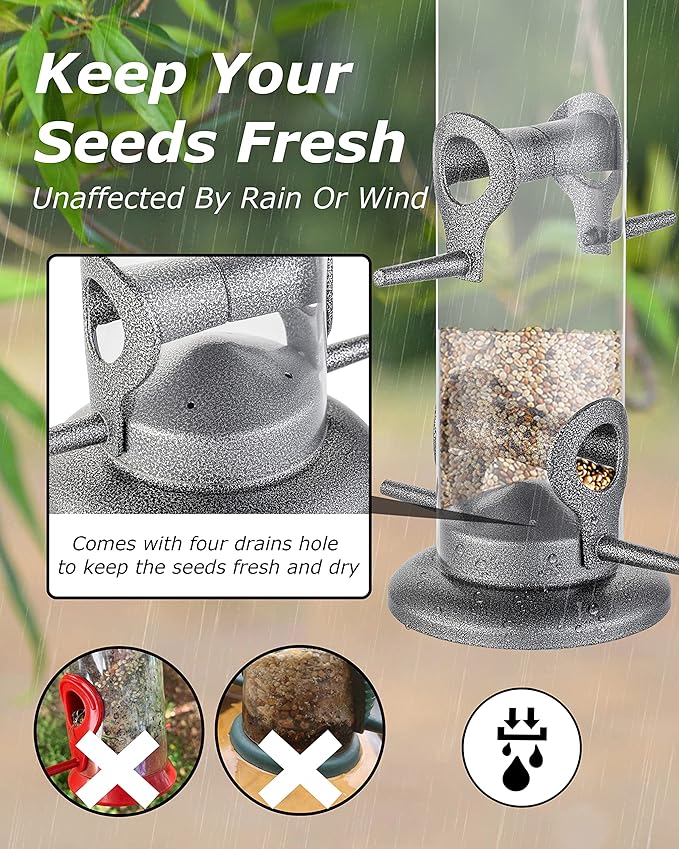 iBorn Metal Bird Feeder Hanging Wild Bird Seed Feeder for Mix Seed Blends Heavy Duty All Metal Silver Finish,15 Inch 6 Port(Seed is not Included),Gift Box