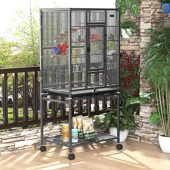 54" Large Bird Cage with Wheels, Durable Wrought Iron Parakeet Cage with Slide Out Tray, Black Bird Cages with Feeding Cups, Wooden Platform, Swing & Perches, for Lovebird, Cockatiels, Budgies