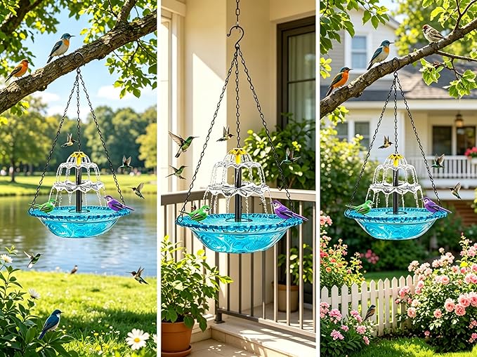 2026 Smart Birdbath Fountains Solar Power, Solar Cascade Hanging Birdbath Fountain,Clear Hummingbird Birdbath with Solar Powered for Outdoor Livng Garden Patio Backyard