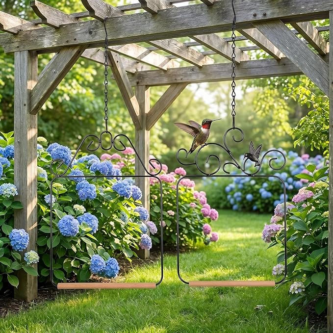 Two piece Metal Bird Swing with crossbars and Hanging Chains - Suitable for Outdoor Bird habitats in Gardens, terraces, lawns, and Tree Trunks - Load-Bearing, Easy to Hang, Black