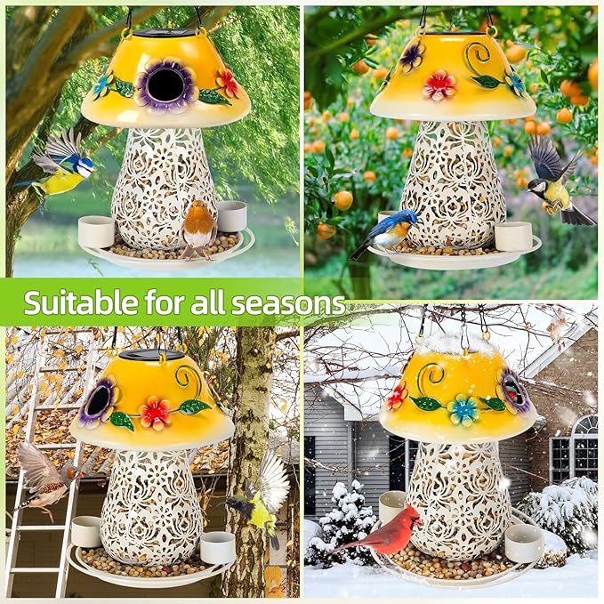 Mushroom Solar Bird Feeders for Outdoors Hanging Metal Wild Bird Feeder with S Hook for Garden Decoration Yellow