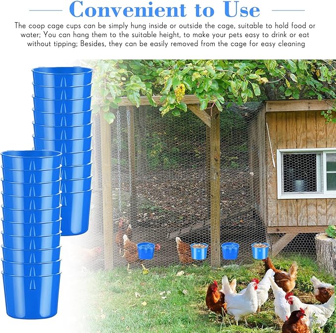 Sumind 60 Pcs Cage Cups Chicken Feeder Birds Hanging Feeders Seed Bowl 8 oz Plastic Water Bowl Hanging Chicken Gamefowl Waterer Feeding Watering Dish Coop Cups for Parrot Parakeet Poultry(Blue)