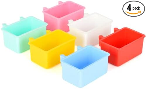 4 pcs Bird Cage Food Water Feeder Cups Plastic Hanging Bowl Parakeet Parrotlet Budgie Cockatiel Feeding Small 3 oz Each, Small Pet Feeding