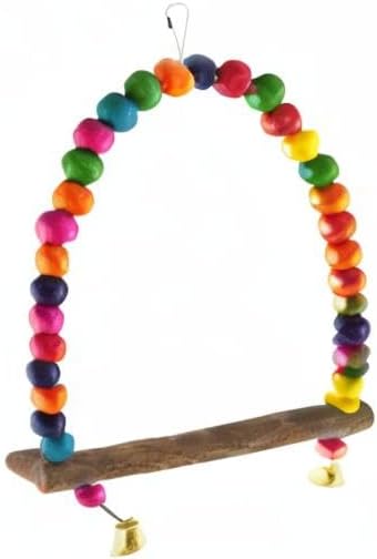 SunGrow Colorful Finch Swing Toy with Bells, Wooden Perch Stand for Canary, Lovebird & Budgie, 8.5x6 Inches, Sturdy Rocking Gym, Small Bird Cage Accessories to Balance, Exercise & Training