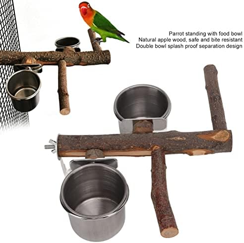 Stainless Steel Bird Feeding Bowl with Wooden Perch for Parakeets, Budgies, Lovebirds and Parrots