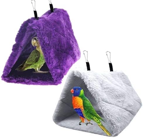 2 Pack Warm Bird Nest House Plush Hanging Snuggle Cave Bed Hanging Hammock Sleeping Bed Happy Hut for Parrot Parakeet Cockatiel Conure Cockatoo African Grey Macaw (Grey&Purple)
