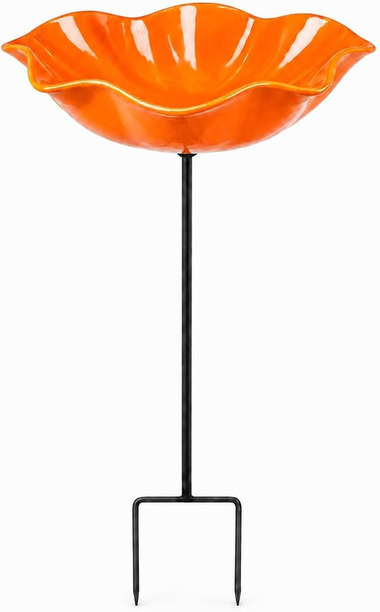 Bird Bath for Outside, Metal Flower Stakes with Bee Watering Station for Garden Decor, Decorative Flower Bath for Yard Patio or Backyard (Orange)