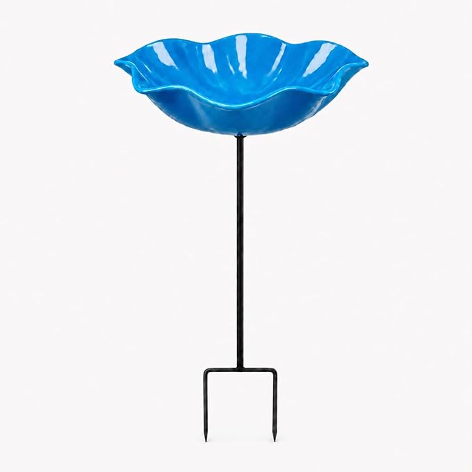 Bird Bath for Outside, Metal Flower Stakes with Bee Watering Station for Garden Decor, Decorative Flower Bath for Yard Patio or Backyard (Blue)