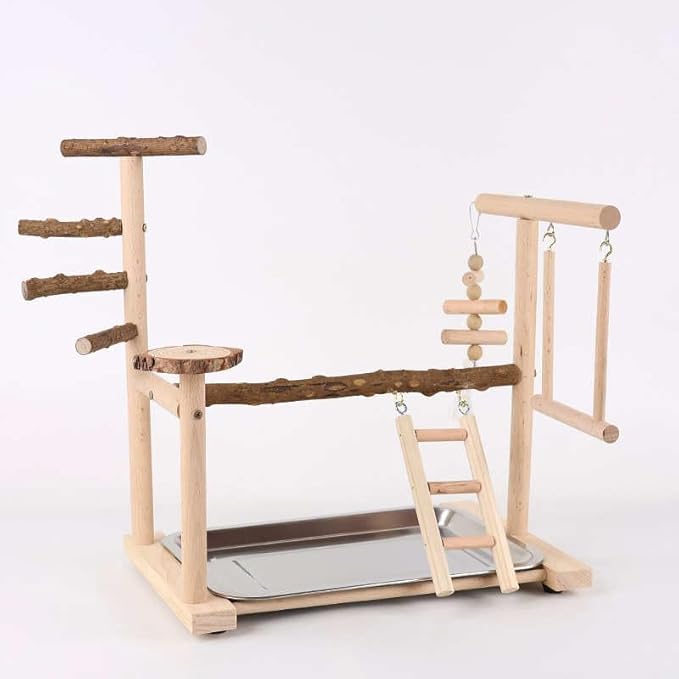 Wooden Parrot Playground Stand, Bird Play Gym for Small Medium Large Parrots, Natural Wood Bird Perch Stand for Parakeet Cockatiel Conure African Grey Macaw, Stable Easy-to-Clean Play Area