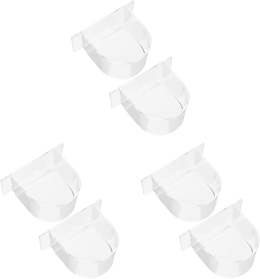 Ipetboom Bird Cage Feeding Containers: 6 pcs Clear Bird Food Trough and Water Feeder Cups - Thick Semicircle Food Box Accessories for Birds Pigeon Chicken, Transparent, 4X3.2X2in