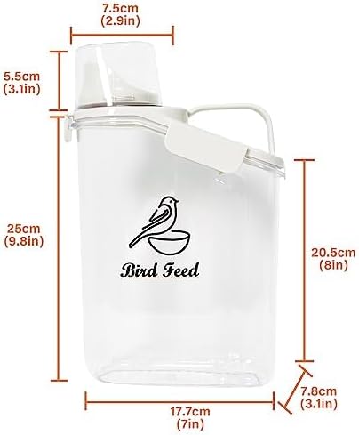 Bird Seed Storage Container,2.8L Airtight Bird Food Container with Handle and Measuring Cup,Portable Pet Food Container for Wild Bird Sunflower Seed-BPA Free Transparent/White
