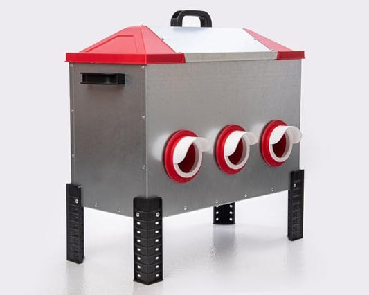 RentACoop Flock Feeder 65 lb - Large Capacity, Weatherproof Metal 6-Port Feeder for Adult Chickens, Turkeys, Ducks, and More