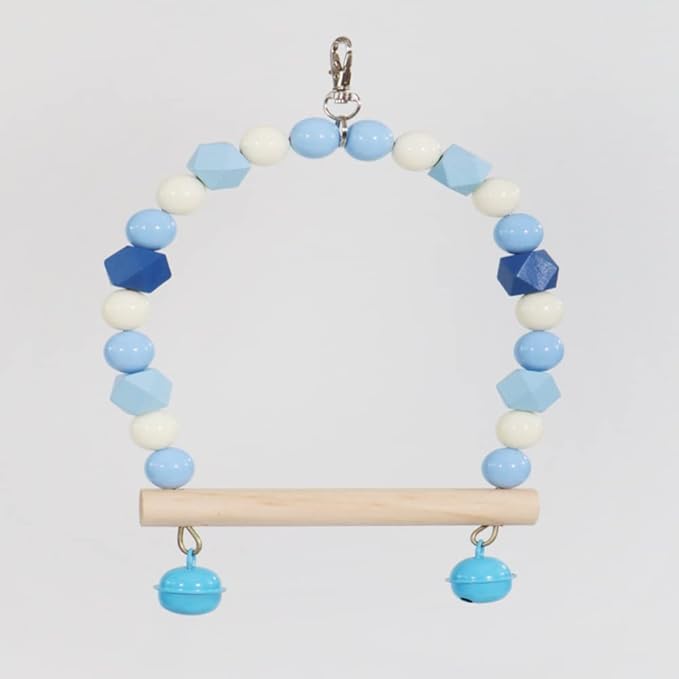 Wooden Bird Swing for Cockatiels Parrot Perch Hanging Toys Parakeets Birdcage Stands Cage Playground Play Gyms Accessories Colorful Bead Bell Climbing Toy for Lovebirds Conures Budgies (Blue-Green)