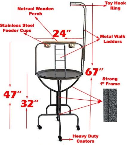 Elegant Design and Strong Wrought Iron Parrot Cockatiel Cockatoo Bird Play Gym Ground Rolling Stand with Metal Pan & Climbing Ladder