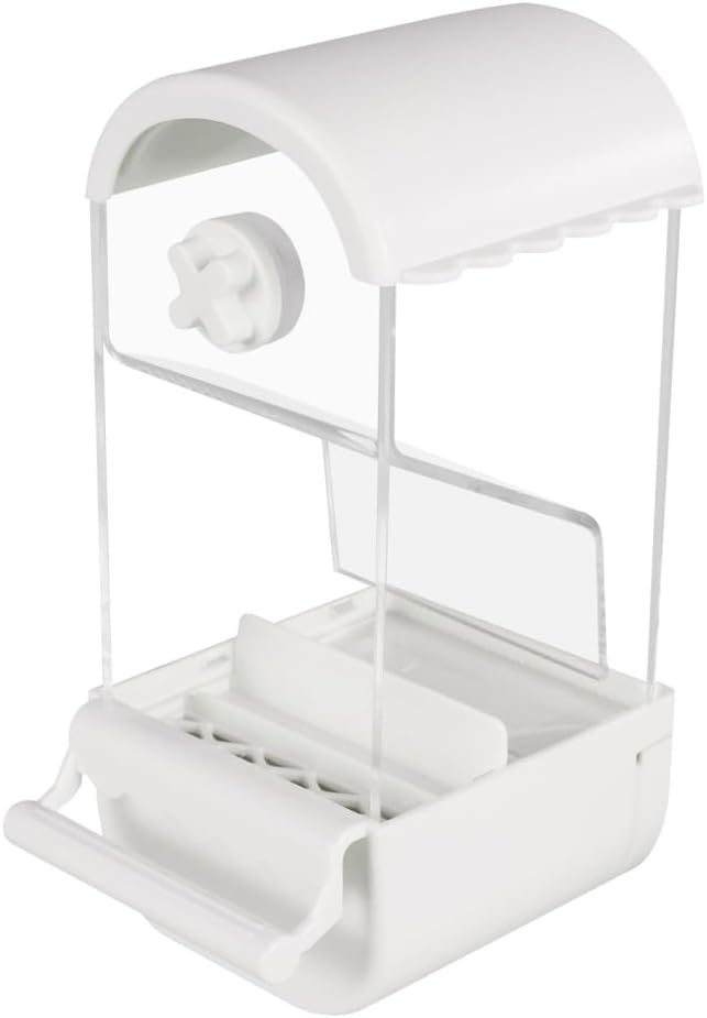 Automatic Bird Feeder with Perch, No Mess Transparent Parrot Food Dispenser for Small Medium Birds Parrots, Finches, Lovebirds, Canaries