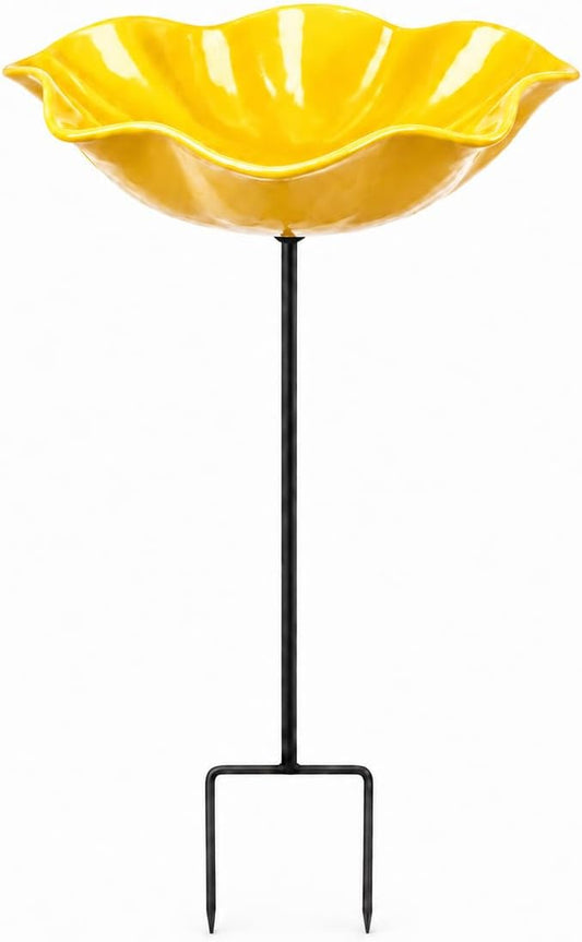 Bird Bath for Outside, Metal Flower Stakes with Bee Watering Station for Garden Decor, Decorative Flower Bath for Yard Patio or Backyard (Yellow)