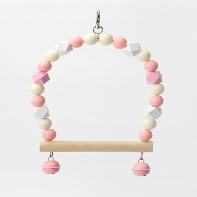 Wooden Bird Swing for Cockatiels Parrot Perch Hanging Toys Parakeets Birdcage Stands Cage Playground Play Gyms Accessories Colorful Bead Bell Climbing Toy for Lovebirds Conures Budgies (Purple-Pink)