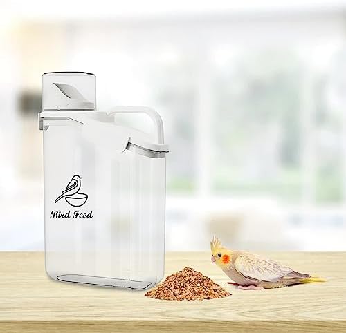 Bird Seed Storage Container,2.8L Airtight Bird Food Container with Handle and Measuring Cup,Portable Pet Food Container for Wild Bird Sunflower Seed-BPA Free Transparent/White