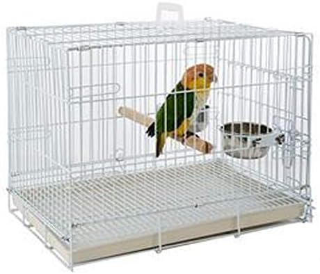 Easy Collapsable Bird, Dog and Cat Carrier Travel Carrier Metal Wire Prevent Beaks Out Cage with Stainless Feeder Cups Wooden Stand Perch