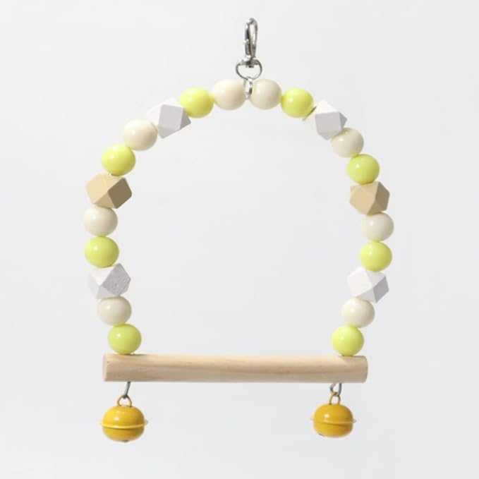 Wooden Bird Swing for Cockatiels Parrot Perch Hanging Toys Parakeets Birdcage Stands Cage Playground Play Gyms Accessories Colorful Bead Bell Climbing Toy for Lovebirds Conures Budgies (Purple-Pink)