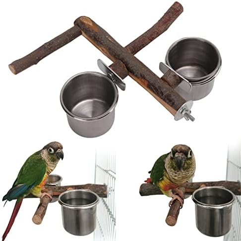 Stainless Steel Bird Feeding Bowl with Wooden Perch for Parakeets, Budgies, Lovebirds and Parrots