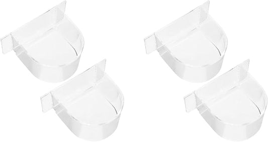 Ipetboom 4 pcs Bird Cage Feeder: Clear Thick Semicircle Seed Water Food Trough Cups - Small Animal Dish Container Box for Birds Pigeon Chicken, Transparent Cage Accessories, 4X3.2X2in