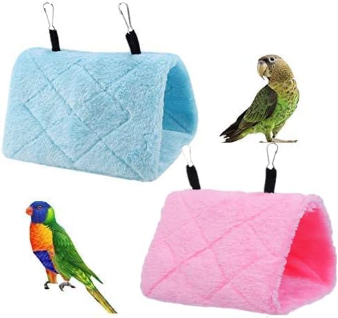 2 Pack Warm Bird Nest House Bed Hanging Hammock Sleeping Bed Plush Hanging Snuggle Cave Happy Hut for Pet Parrot Cockatiel Cockatoo Parakeet Conure African Grey Macaw (Blue&Pink)