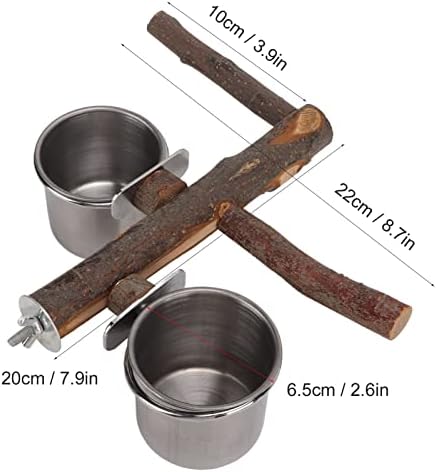 Stainless Steel Bird Feeding Bowl with Wooden Perch for Parakeets, Budgies, Lovebirds and Parrots