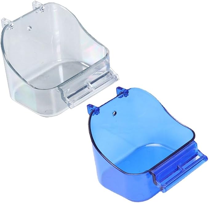 2 Packs No Mess Bird Feeder, Bird cage Feeder Cage Cup Food Bowls, Food Seed and Water Container, Good for Cockatiel Finch Lovebirds Budgies Canary (Blue and Clear)