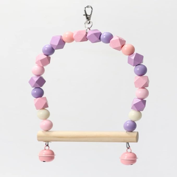 Wooden Bird Swing for Cockatiels Parrot Perch Hanging Toys Parakeets Birdcage Stands Cage Playground Play Gyms Accessories Colorful Bead Bell Climbing Toy for Lovebirds Conures Budgies (Purple-White)