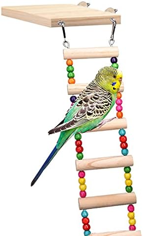 Bird Ladder Toys, Wood Parrot Bird Perch Stand Platform with 8 Ladders Swing Bridge for Pet Training Playing, Flexible Birds Cage Accessories Decoration for Cockatiel Parakeet
