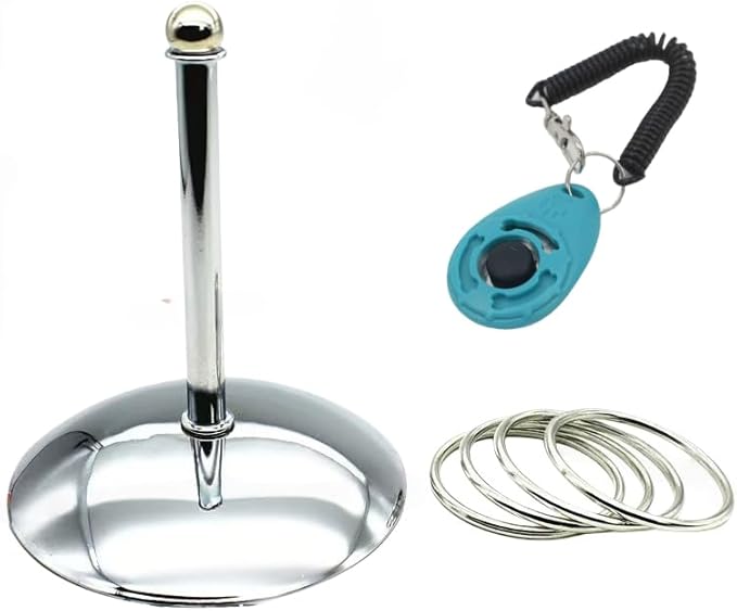 Fosrion Stainless Steel Parrot Ring Toss Toy, Interactive Training & Enrichment Toy for Parrots – Bite-Proof, Anxiety Relief, Exercise Fun for All Kinds of Parrot (Medium Toy + Clicker)