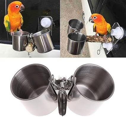 1Pc Silver Parrot Feeding Cups Hanging Pet Animal Stainless Steel Birdcage Bowls Bowls for Cage Parakeet Bird Cage Accessories Suitable Small and Medium Bird Pet Feeding and Watering Supplies