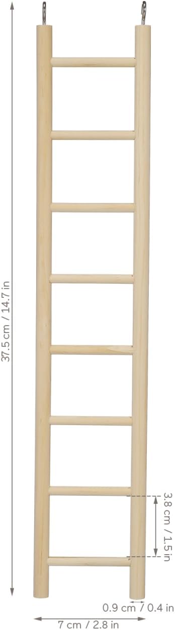 14.7 Inch Bird Ladder for Parakeets and Cockatiels, 8-Step Natural Wood Parrot Climbing Toy with Stainless Steel Hooks - Safe Chewing Cage Accessory