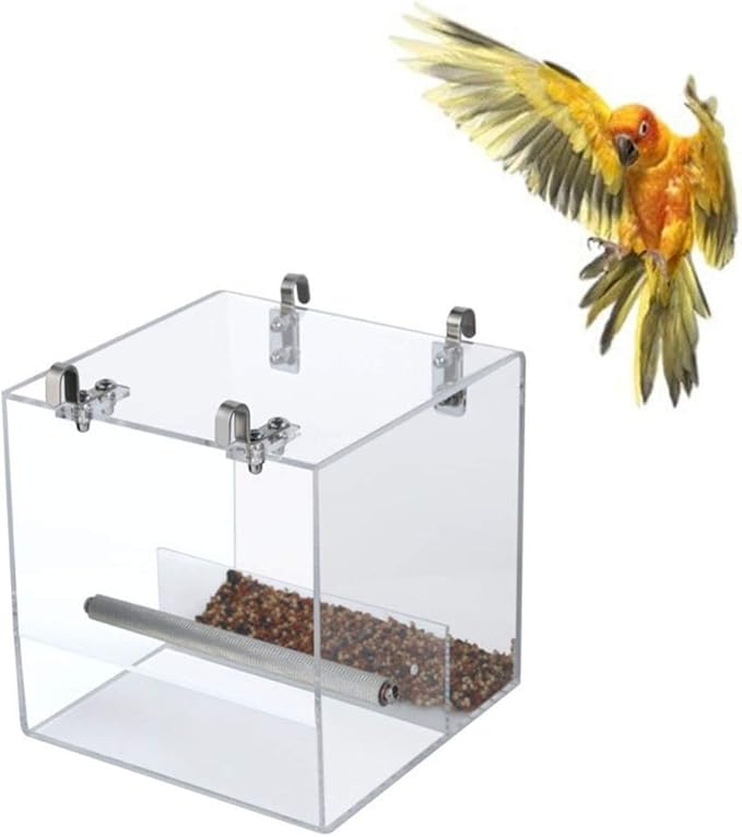 POPETPOP No Mess Bird Feeder for Cage with Hooks - Foraging Systems Corral Pet Feeder Keeps Cage Cleaner for Parakeet Canary Cockatiel Finch