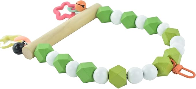 Wooden Bird Swing Perch for Parakeet, Small Birds Hanging Cage Stands Cockatiels Parrot Colorful Beads Bell Trainning Toy Playground Gym Accessories for Lovebirds Conures Budgies